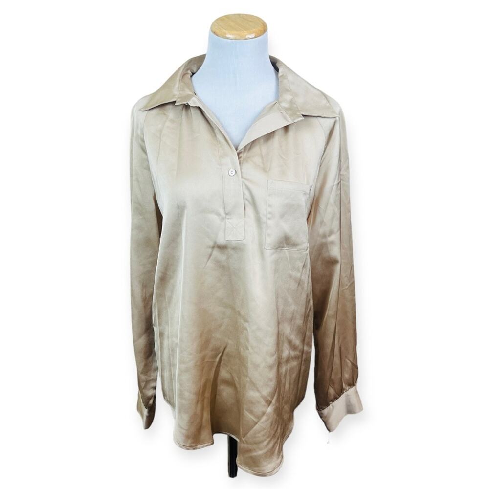 INSIGHT Womens Open Collar Silky Beige Long Sleeve Relaxed Fit Top MEDIUM NWT